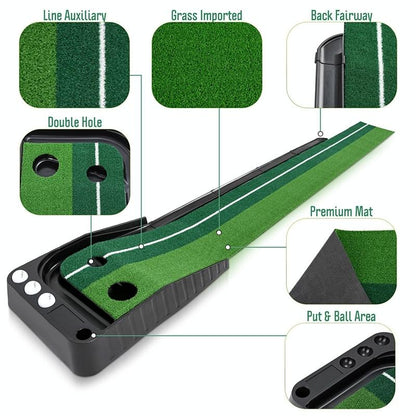 2.5M Golf Putting Mat With Push Rod Trainer & 6 Balls - No Auto Return