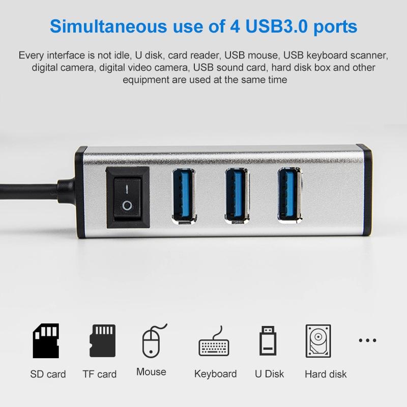 4-Port Aluminum Usb 3.0 Hub With Switch - Grey