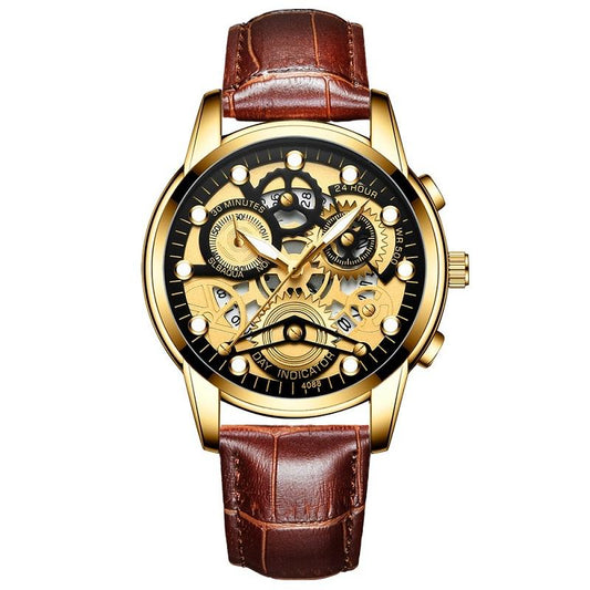 Waterproof Luminous Men Quartz Watch - Hollow Design - Brown Leather Full Gold Black Surface