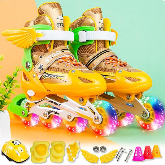Adjustable Kids Roller Skates Set - Single Flash Wheels - Size S - Gold