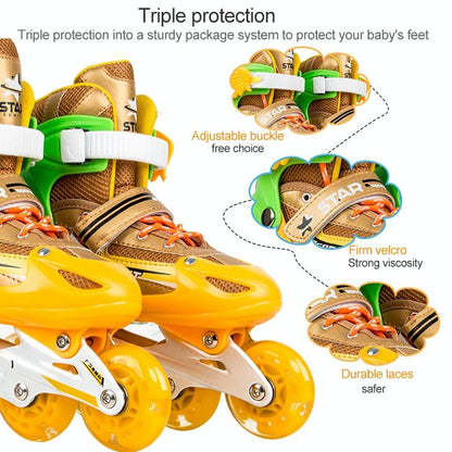 Adjustable Kids Roller Skates Set - Single Flash Wheels - Size S - Gold