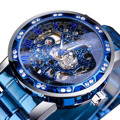 Men Skeleton Diamond Mechanical Watch - Luminous Pointer - Black Belt White Face Blue Word