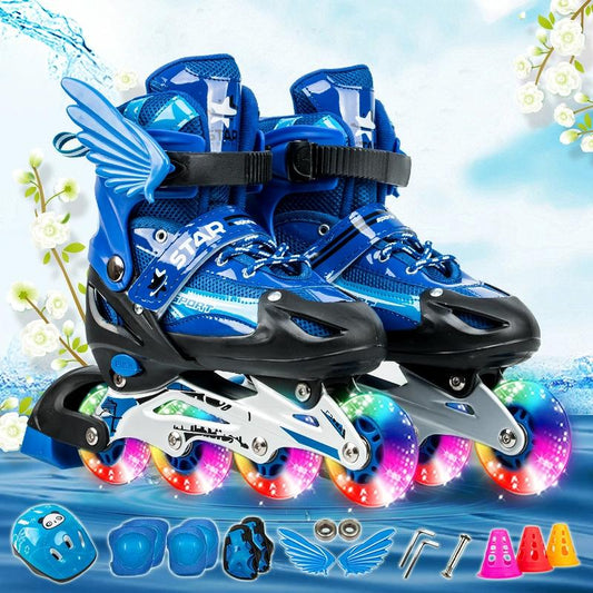 Adjustable Kids Roller Skates Set - Single Flash Wheels - Size S - Blue
