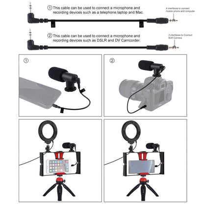 Vlogging Live Broadcast Smartphone Video Rig With 4.7 Inch Rgbw Ring Led Selfie Light Microphone And Pocket Tripod Mount Kit - Blue