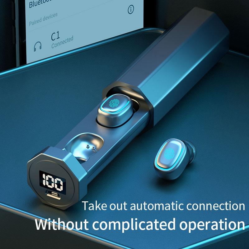 True Wireless Bluetooth Earphones with Digital Display and Charging Box - Blue