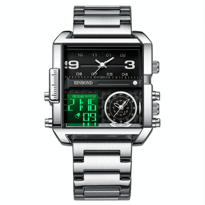 Waterproof Square Multifunctional Sports Quartz Watch - Black Steel-Black-White