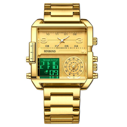 Waterproof Square Multifunctional Sports Quartz Watch - Black Steel-Black-Gold