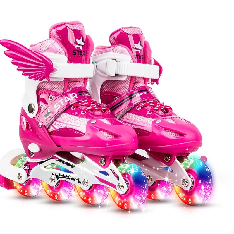 Adjustable Kids Roller Skates Set - Single Flash Wheels - Size S - Red