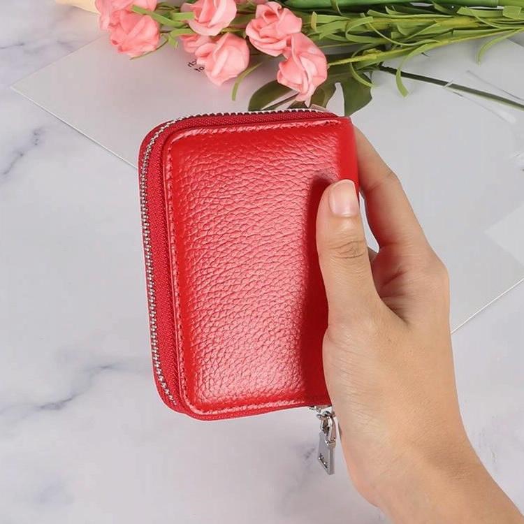 Anti-magnetic Rfid Leather Zip Wallet - Zipper Closure - Red