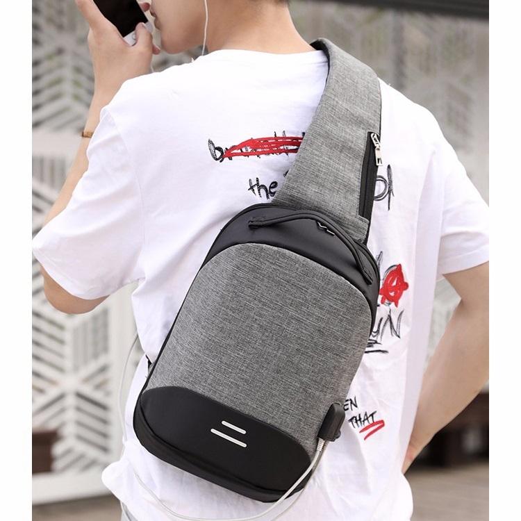Versatile Oxford Shoulder Bag With Earphone & Usb - Navy Blue