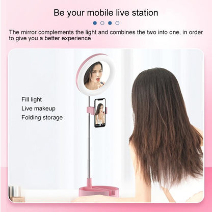Foldable Desktop Makeup Mirror Holder with Storage - White
