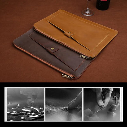 Premium Leather Business Laptop / Tablet Zipper Bag - Universal Fit - Brown
