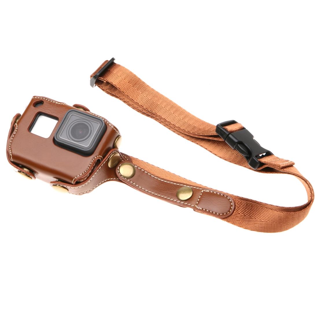 Leather Housing Case with Neck Strap and Buttons for Gopro Hero7 / 6 / 5 - Black - Brown