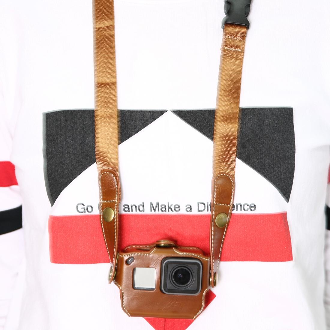 Leather Housing Case with Neck Strap and Buttons for Gopro Hero7 / 6 / 5 - Black - Brown