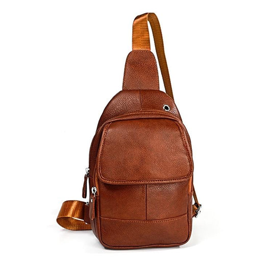 Men Litchi Texture Full Grain Cowhide Crossbody Bag - Brown