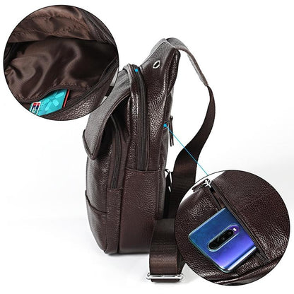 Men Litchi Texture Full Grain Cowhide Crossbody Bag - Brown