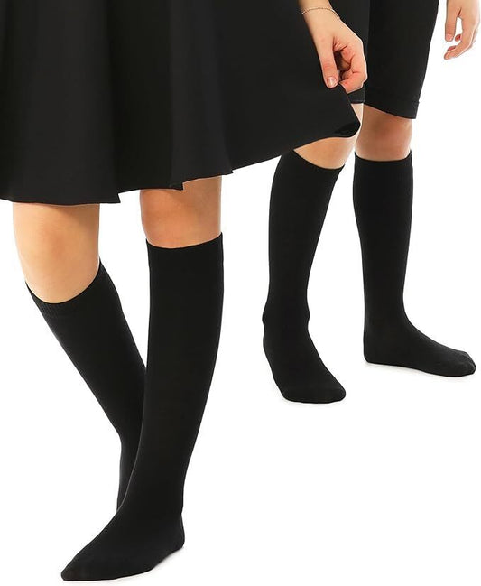 Knee High School Socks for Girls Boys Plain Cotton Rich Kids Seamless No Seam - 2-8 (Black)
