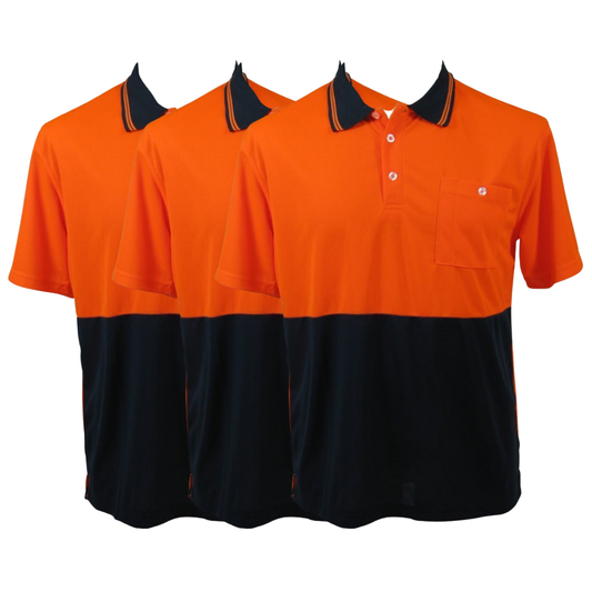 3x HI VIS Polo Shirt Top Tee Safety Workwear Short Sleeve Breathable Mesh BULK - Orange/Navy - 4XL (26)