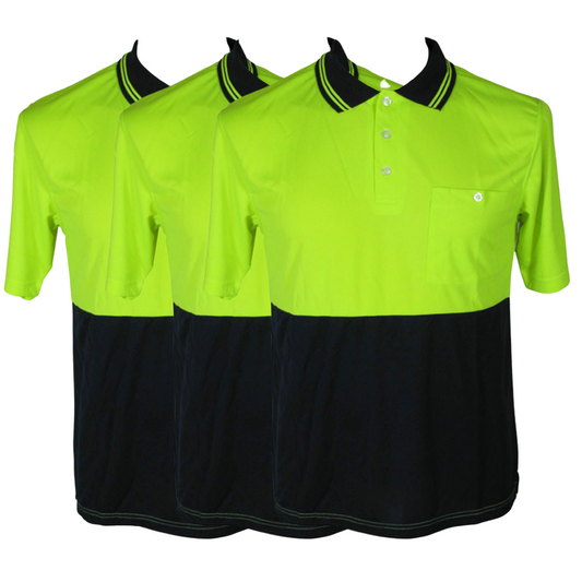 3x HI VIS Polo Shirt Top Tee Safety Workwear Short Sleeve Breathable Mesh BULK - Yellow/Navy - 4XL (26)