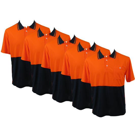5x HI VIS Polo Shirt Top Tee Safety Workwear Short Sleeve Breathable Mesh BULK - Orange/Navy - XXL (20)