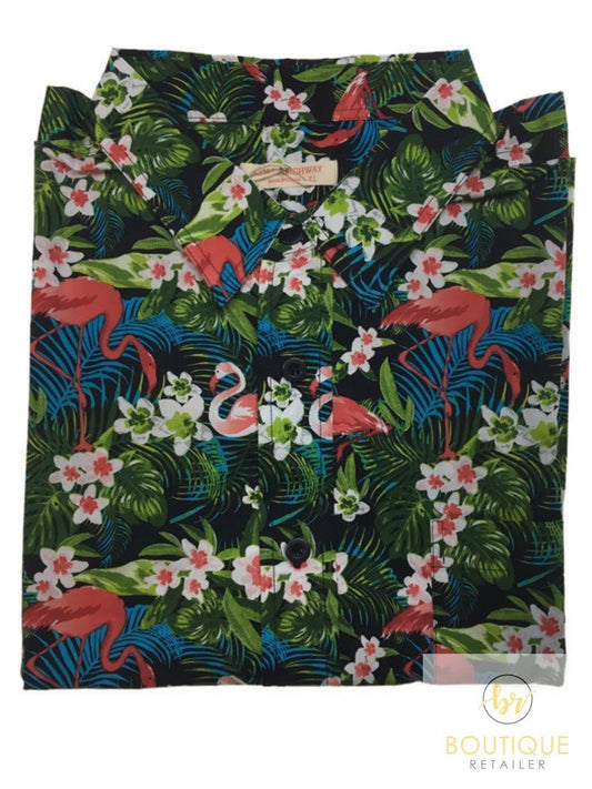 Mens Oahu Hawaiian Party Shirt Button Hippie Tops Short Sleeve Beach Holiday - Garden Flamingo (1423) - XL