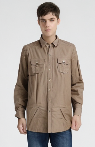 Mens Plain Slim 100% Cotton Long Sleeve Shirt Button Up Stylish Business Casual - Brown/Beige - XL