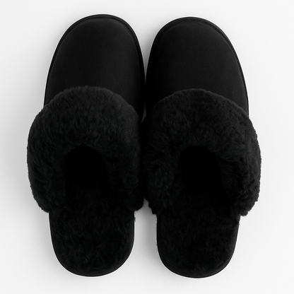 100% Sheepskin Moccasin Slippers Winter Genuine Scuffs Slip On Mens Womens - Black (with fur) - 10