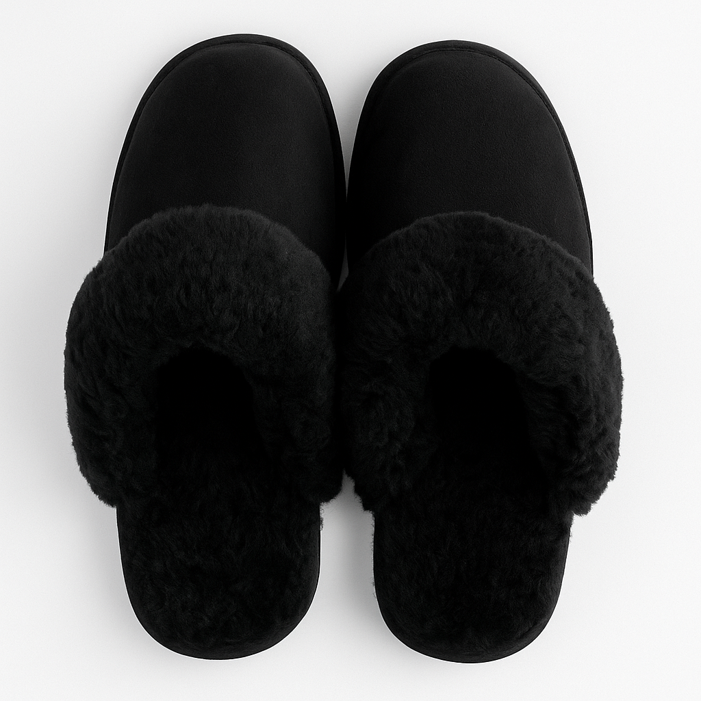 100% Sheepskin Moccasin Slippers Winter Genuine Scuffs Slip On Mens Womens - Black (with fur) - 6