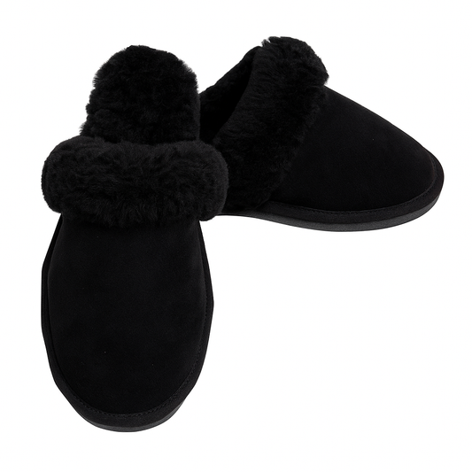 100% Sheepskin Moccasin Slippers Winter Genuine Scuffs Slip On Mens Womens - Black (with fur) - 9