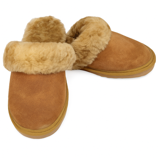 100% Sheepskin Moccasin Slippers Winter Genuine Scuffs Slip On Mens Womens - Chestnut (with fur) - 10