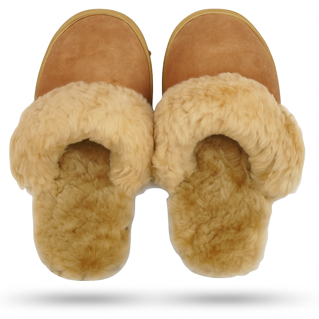 100% Sheepskin Moccasin Slippers Winter Genuine Scuffs Slip On Mens Womens - Chestnut (with fur) - 10