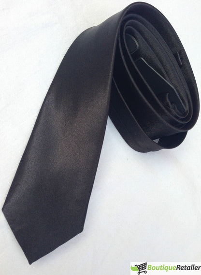 Mens SKINNY TIE Plain Wedding Slim Necktie Formal Casual Narrow Party - Black