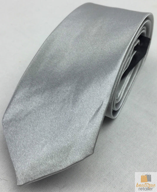 Mens SKINNY TIE Plain Wedding Slim Necktie Formal Casual Narrow Party - Silver