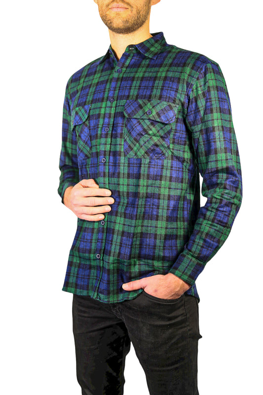 Mens Flannelette Long Sleeve Shirt 100% Cotton Check Authentic Flannel - Full Placket - Green - M