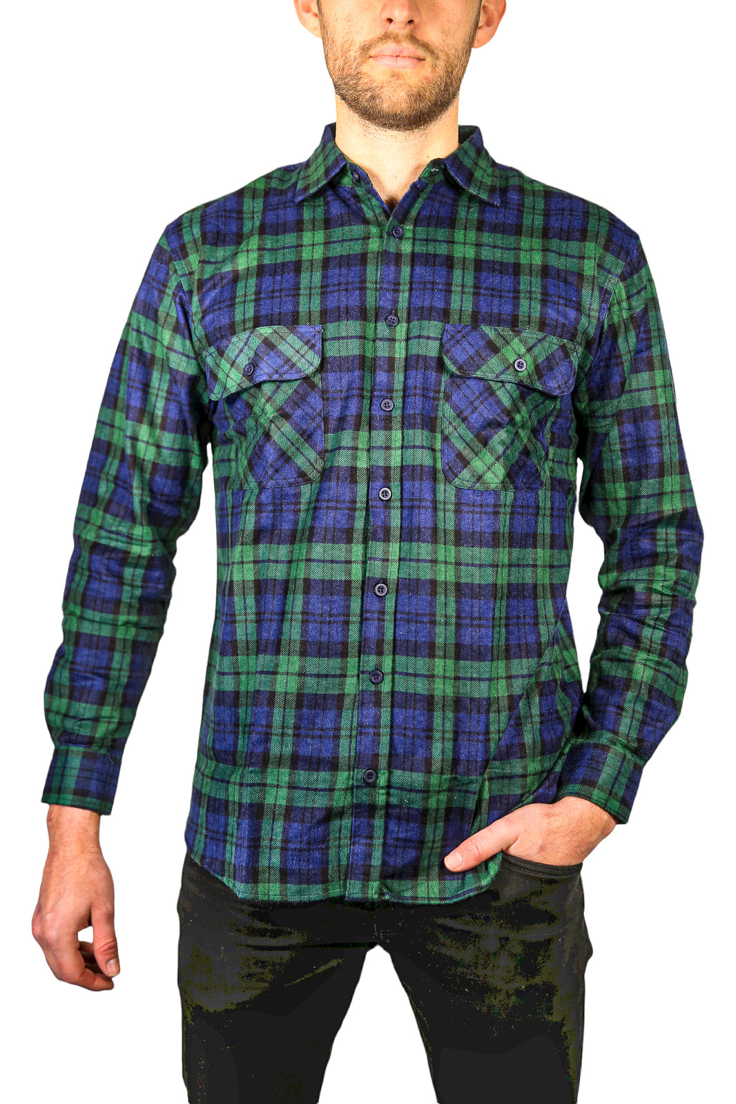 Mens Flannelette Long Sleeve Shirt 100% Cotton Check Authentic Flannel - Full Placket - Green - M