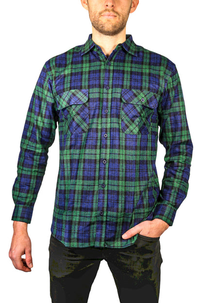 Mens Flannelette Long Sleeve Shirt 100% Cotton Check Authentic Flannel - Full Placket - Green - M