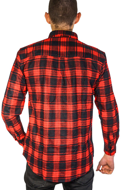 Mens Flannelette Long Sleeve Shirt 100% Cotton Check Authentic Flannel - Full Placket - Red - 9XL