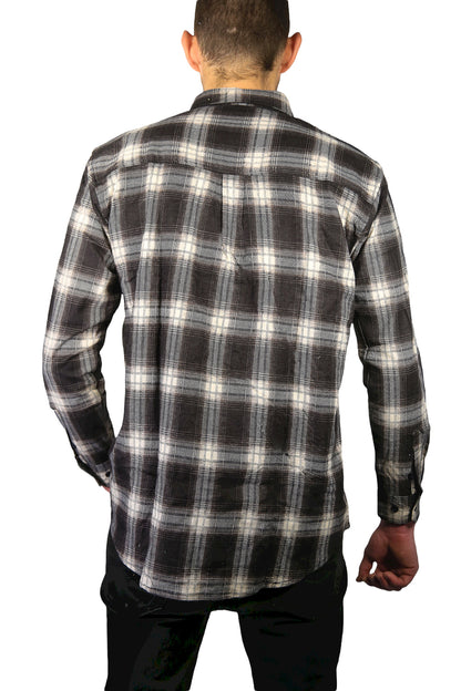Mens Flannelette Long Sleeve Shirt 100% Cotton Check Authentic Flannel - Full Placket - Black - 7XL
