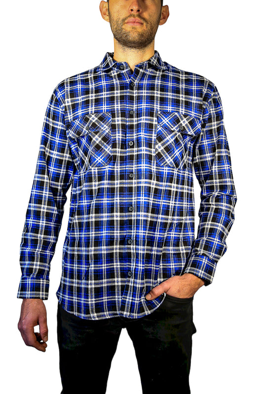 Mens 100% Cotton Flannelette Shirt Long Sleeve Check Authentic Flannel - Denim - 4XL
