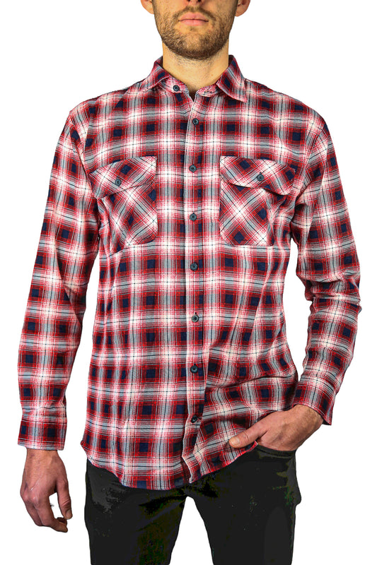 Mens 100% Cotton Flannelette Shirt Long Sleeve Check Authentic Flannel - Red/Navy - 4XL