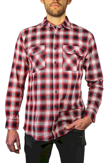 Mens 100% Cotton Flannelette Shirt Long Sleeve Check Authentic Flannel - Red/Navy - 4XL