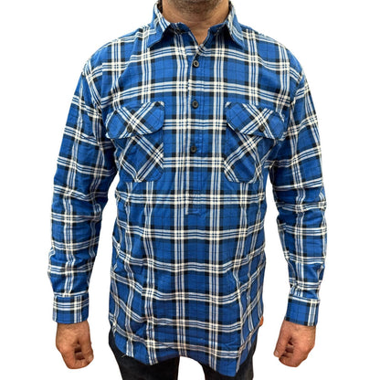 Mens Flannelette Long Sleeve Pullover Shirt 100% Cotton Flannel - Half Placket - Navy - 4XL