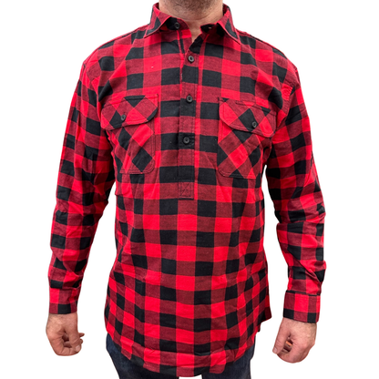 Mens Flannelette Long Sleeve Pullover Shirt 100% Cotton Flannel - Half Placket - Red/Black - 4XL