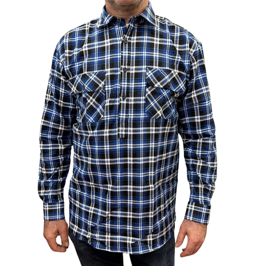 Mens Flannelette Long Sleeve Pullover Shirt 100% Cotton Flannel - Half Placket - Blue/Black - 4XL