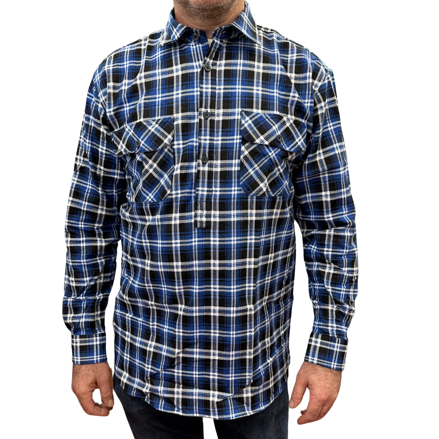 Mens Flannelette Long Sleeve Pullover Shirt 100% Cotton Flannel - Half Placket - Blue/Black - 4XL