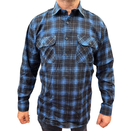 Mens Flannelette Long Sleeve Pullover Shirt 100% Cotton Flannel - Half Placket - Blue - 3XL