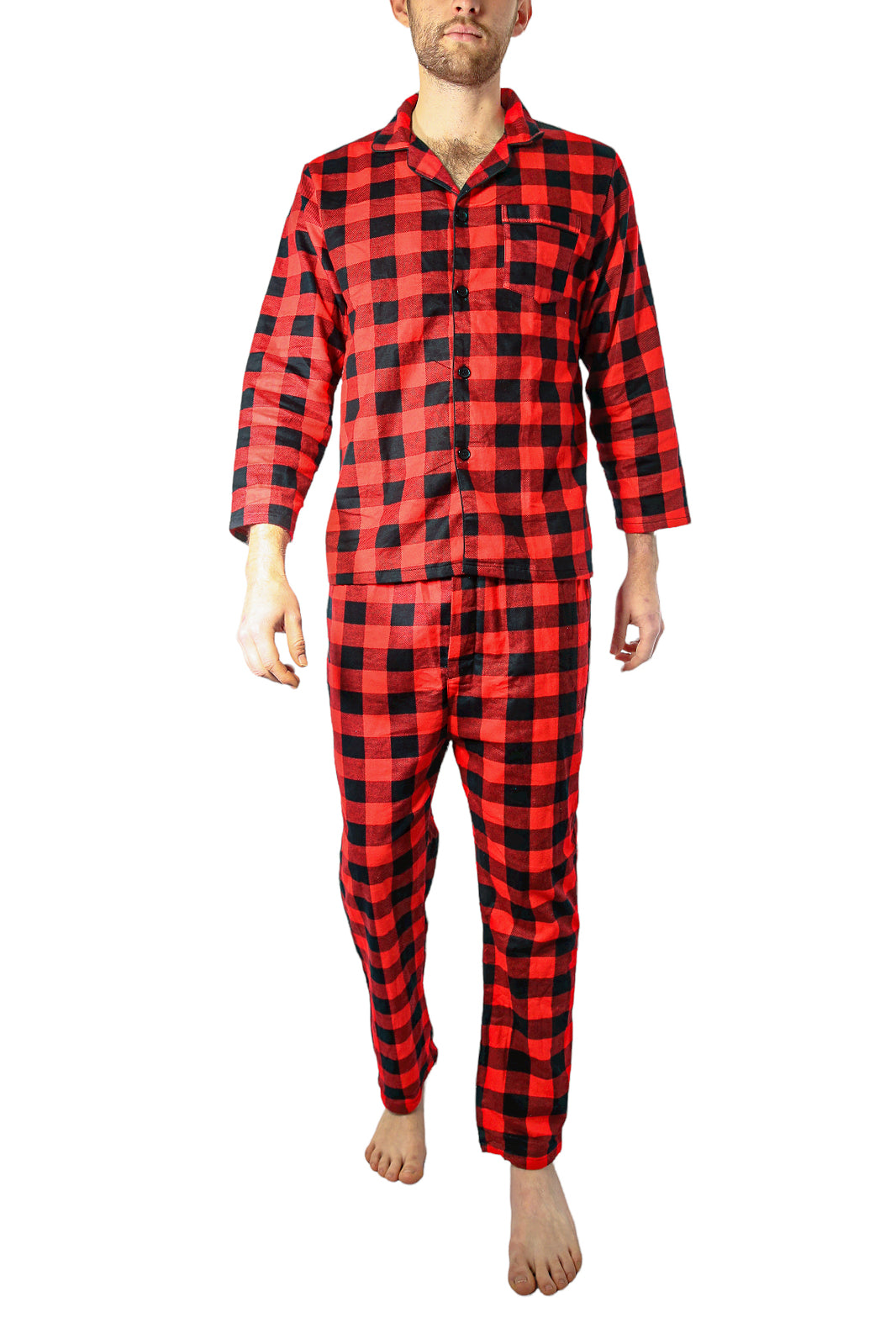Mens Flannelette Pyjama Set Sleepwear Soft 100% Cotton PJs Two Piece Pajamas - Red - L