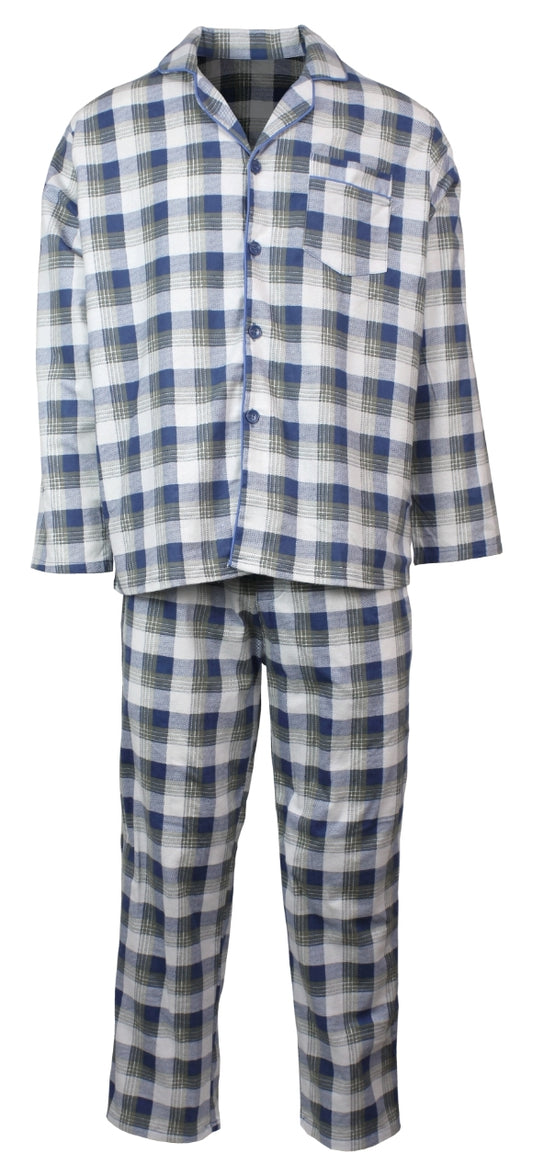 Mens Flannelette Pyjama Set Sleepwear Soft 100% Cotton PJs Two Piece - Light Blue Check - L