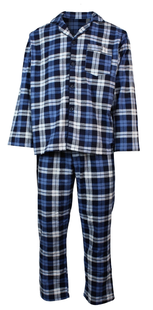 Mens Flannelette Pyjama Set Sleepwear Soft 100% Cotton PJs Two Piece - Blue/Multi Check - XL