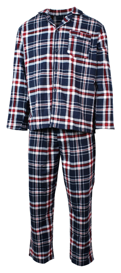 Mens Flannelette Pyjama Set Sleepwear Soft 100% Cotton PJs Two Piece - Navy/Red Check - XL